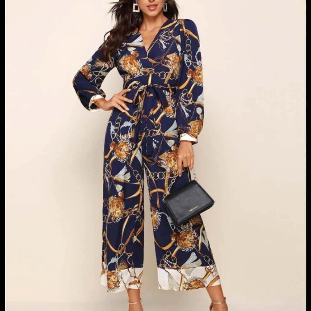 Surplice Neck Chain Print Belted Palazzo Jumpsuit